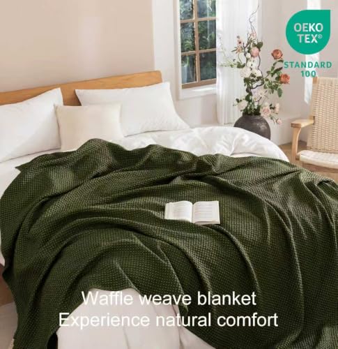 King Size Cotton Waffle Blanket - Olive Green, Breathable & Soft Bed Cover