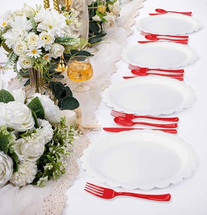 Red Disposable Cutlery Set - Heavy Duty Plastic Knives Forks Spoons for Parties
