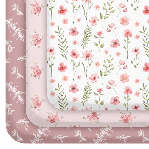 Pink Floral Baby Crib Sheets 3 Pack Fitted 52x28 Inches for Boys Girls
