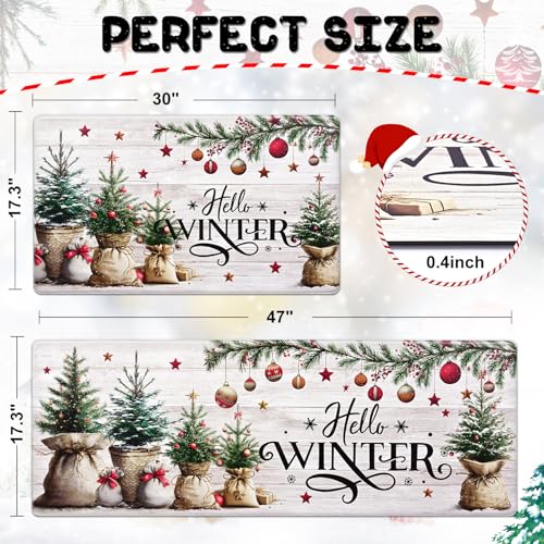 Christmas Kitchen Mat Set - White, Anti-Fatigue Waterproof Rugs, 17.3x30 + 17.3x47 Inches