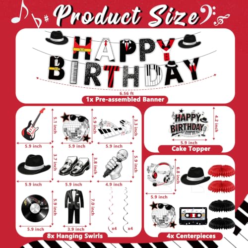 Retro Disco Party Decorations Set Black Red - Music Legend Birthday Supplies with Banner Honeycomb Centerpieces & Hanging Swirls