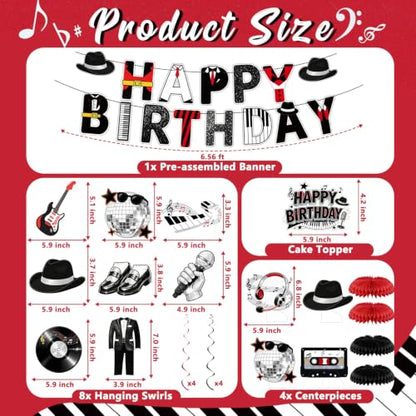 Retro Disco Party Decorations Set Black Red - Music Legend Birthday Supplies with Banner Honeycomb Centerpieces & Hanging Swirls