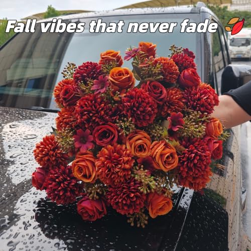 Artificial Fall Flowers Bouquet - Orange Red Silk Faux Arrangement, 8 Pack Variation
