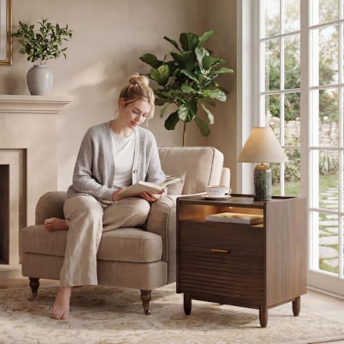iPormis Walnut Fluted Nightstand with Charging Station, 2 Drawers & LED Glass – Walnut