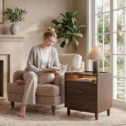 iPormis Walnut Fluted Nightstand with Charging Station, 2 Drawers & LED Glass – Walnut