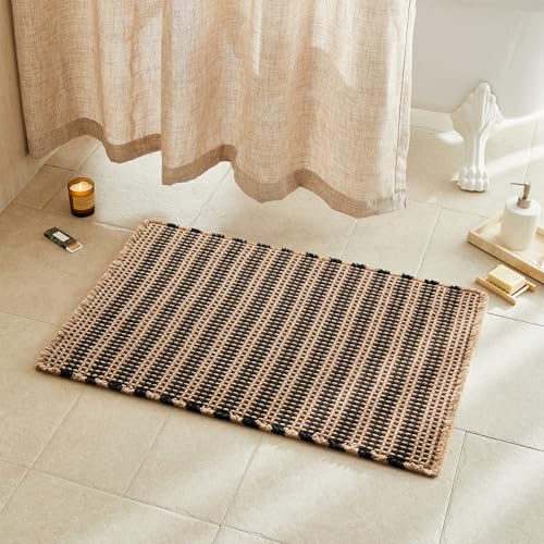 TYUU Waffle Bath Mat, Boho Bathroom Rugs Non Slip Washable Super Absorbent Quick Dry Bath Mat Farmhouse Bathroom Decor, 24"x16" Khaki and White