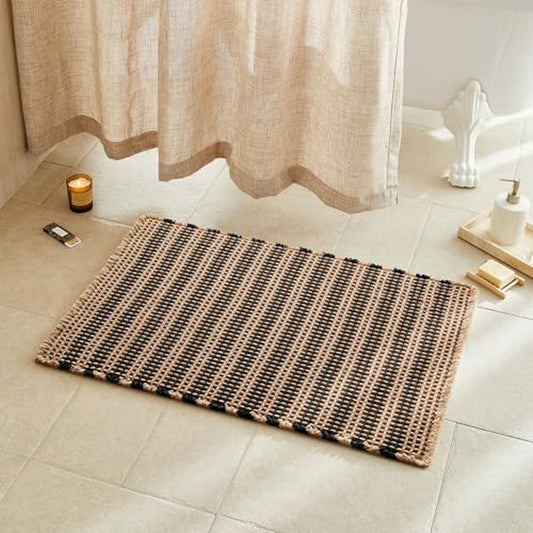 TYUU Waffle Bath Mat, Boho Bathroom Rugs Non Slip Washable Super Absorbent Quick Dry Bath Mat Farmhouse Bathroom Decor, 24"x16" Khaki and White