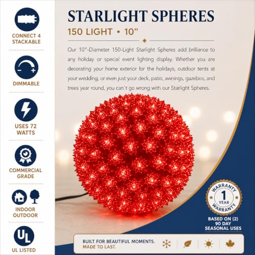 150-Light Red Starlight Sphere Ornament with 10-Inch Diameter - Extra Large Holiday Decoration with Hanging Cord