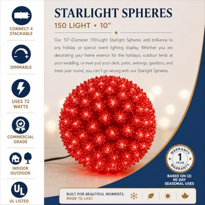 150-Light Red Starlight Sphere Ornament with 10-Inch Diameter - Extra Large Holiday Decoration with Hanging Cord