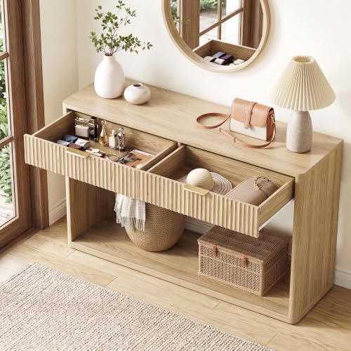 47-Inch Fluted Console Table with 2 Large Drawers for Entryway, Oak Finish