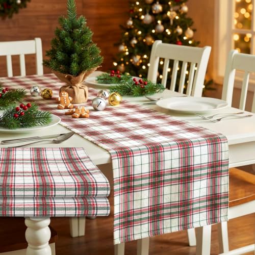 Christmas Plaid Table Runners Set of 2 72x13 Inches Scottish Tartan Holiday Decor White Red Green Variation