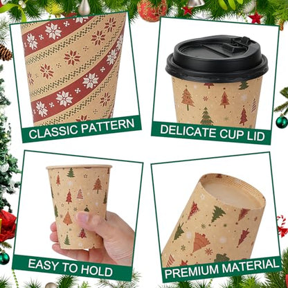 Christmas Disposable Paper Cups with Lids 12oz - 100 Pcs Holiday Party Supplies