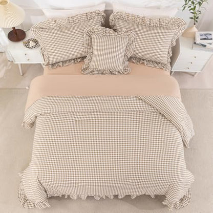 Gingham Twin Comforter Set with Sheets for Girls - 6 Pieces, Tan Ruffle Bedding