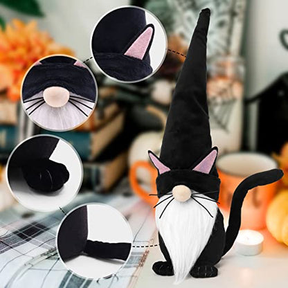 Black Cat Gnome Plush Decor - Handmade Scandinavian Halloween & Christmas Figurine