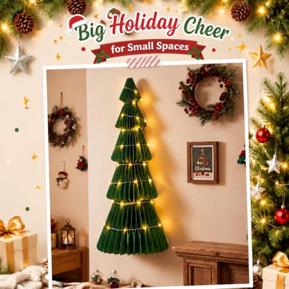 Wall-Mounted 3FT Christmas Tree with LED Lights, Honeycomb Paper Decor