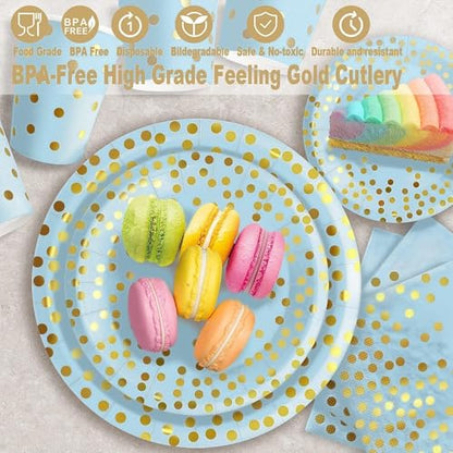AIRE 175PCS Blue and Gold Disposable Party Plates Set for 25 Guests