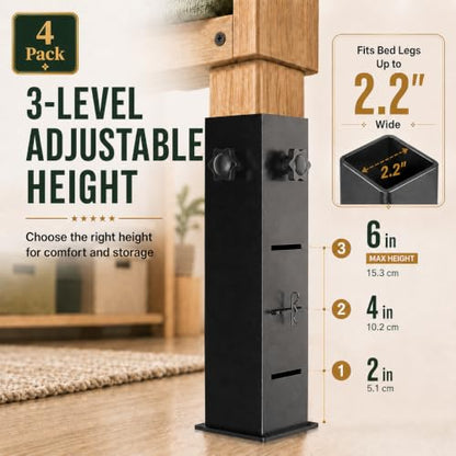 3-Level Adjustable Metal Bed Risers for Dorm Beds - 2.4 Inch Diameter