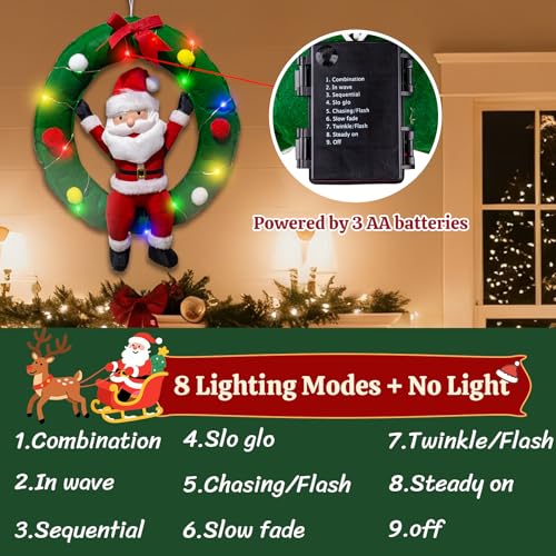 34-Inch Hanging Christmas Decor Santa Claus in Wreath with LED Lights - Holiday Indoor Outdoor Decoration - Variation of Santa Claus in Wreath