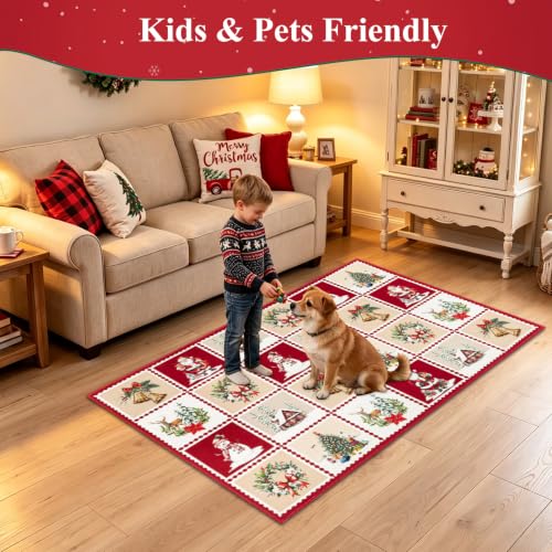 Christmas Red Non Slip Washable Runner Rug 2x6 ft - Holiday Home Decor