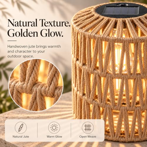 Cooo 2 Pack Large Solar Rope Lanterns for Outdoor Gardens - Natural Plant Fiber, Handwoven, 8.27 Inch