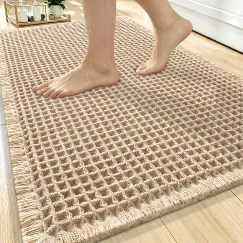 Waffle Bath Mat 30x20 Inch Non-Slip Bathroom Rug - Brown, Upgraded Waffle Texture