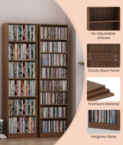 Walnut 6 Tier DVD Storage Shelf with Adjustable Shelves - Media Cabinet VPSMAT