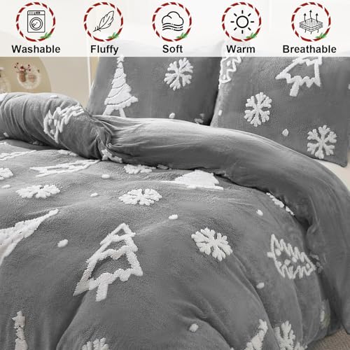 King Size Christmas Duvet Cover Set with Christmas Tree Jacquard Fluffy Bedding - Grey, 3 Pieces