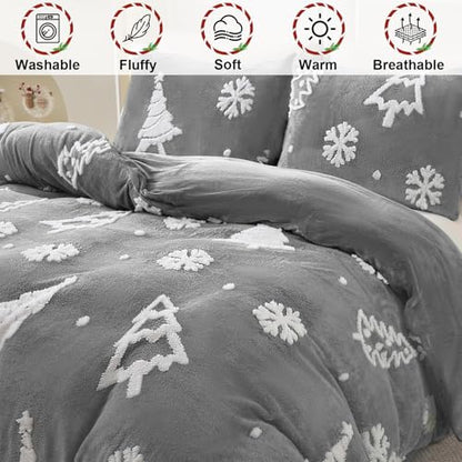 King Size Christmas Duvet Cover Set with Christmas Tree Jacquard Fluffy Bedding - Grey, 3 Pieces