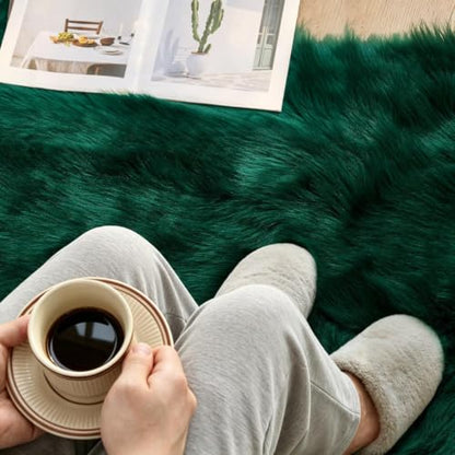 Dark Green Faux Fur Sheepskin Rug 2x3 ft - Plush Fluffy Area Rug for Home Decor