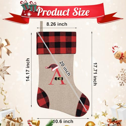 Personalized 20 Inch Monogram Burlap Christmas Stocking - Letter H, Red Black Buffalo Plaid