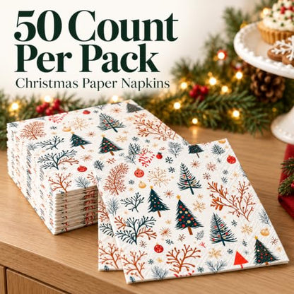 Christmas Paper Napkins Set - Multicolor Square Design, 50 Count, 6.5 x 6.5 Inches
