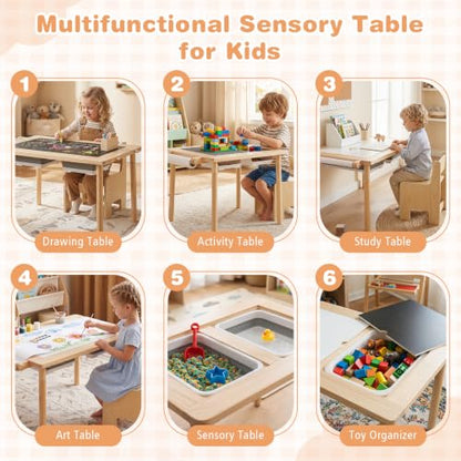 HONEY JOY 3-Piece Sensory Table and Chair Set for Kids with Adjustable Height, Dual Sided Top, Bins & Art Accessories