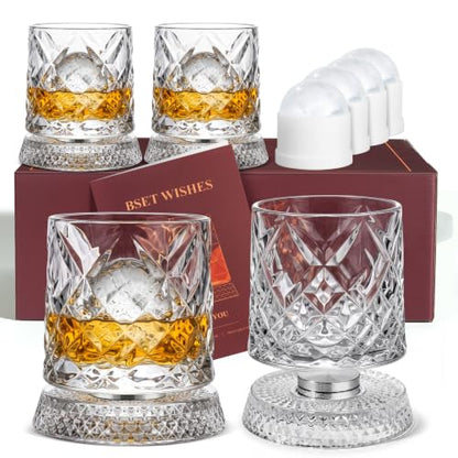 Spinning Whiskey Glasses Set of 4 with White Ice Mold - Elegant Barware