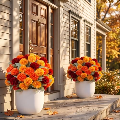 Artificial Fall Flowers Topiary Balls - Fake Mums for Outdoors, Orange, 2 Pack