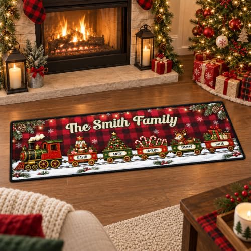 Wrappiness Family Holiday Train Entryway Rug - Custom Christmas Welcome Mat - Gift