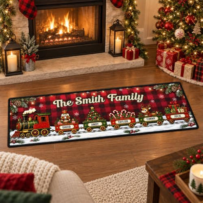 Wrappiness Family Holiday Train Entryway Rug - Custom Christmas Welcome Mat - Gift