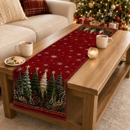 Christmas Table Runner Burgundy Red Tree Design for Holiday Dining