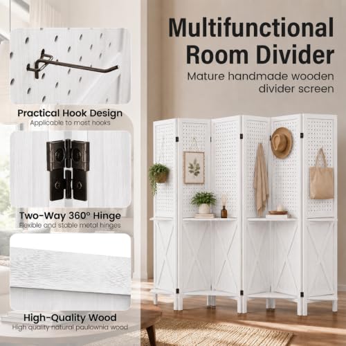 6 Panel Wood Pegboard Room Divider with Shelves - Privacy Screen (White Variant of THIS listing)