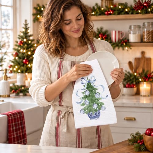 Christmas Blue Chinoiserie Kitchen Towels Set of 2 - Holiday Dish & Hand Towels