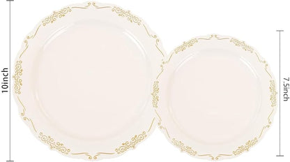 Ivory Plates with Gold Rim - 100 PCS Disposable Dinner & Dessert Plates - BPA Free - Ivory Gold (Variation: Ivory Gold)