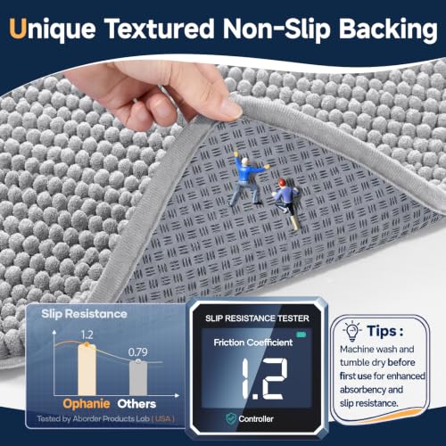 Grey Bathroom Rug 30x20 Chenille Non Slip Absorbent Quick Dry Bath Mat - Soft Floor Rug Set