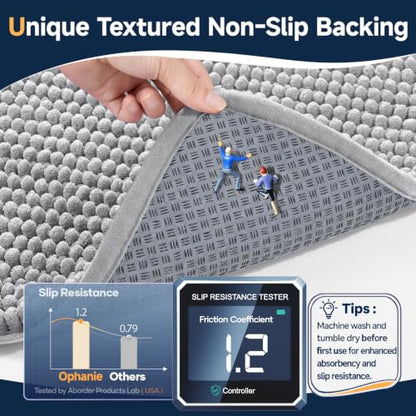 Grey Bathroom Rug 30x20 Chenille Non Slip Absorbent Quick Dry Bath Mat - Soft Floor Rug Set