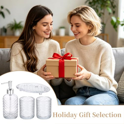 Clear Glass Bathroom Accessory Set with Wavy Stripes - 4 Pieces