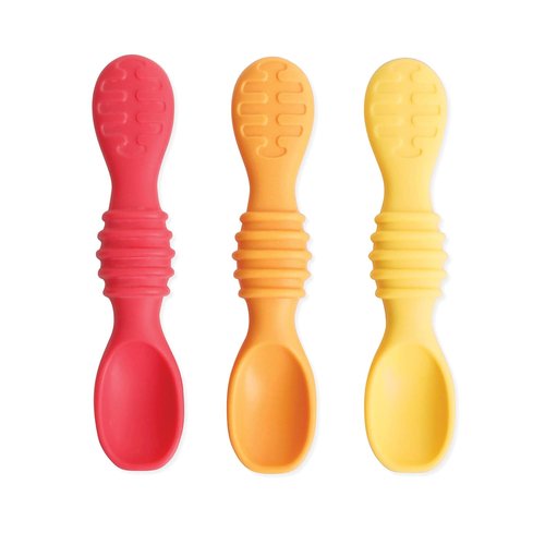 Bumkins Silicone Baby Utensil Set - Soft Tip Trainer Spoons for Self-Feeding | 3-Pack in Red & Yellow