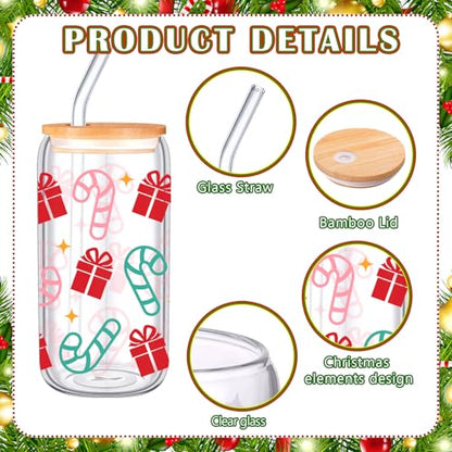 Pine Glass Christmas Cups Set with Lids & Straws - 6 Pack, 16 oz