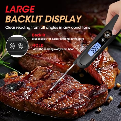 Digital Meat Thermometer with Backlight - Instant Read Food Thermometer Black