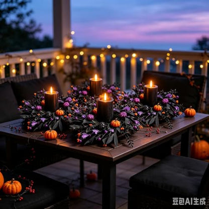 Halloween Hanging Wreaths with Black Foliage and Orange Pumpkins - 4 Pieces, Gothic Decor