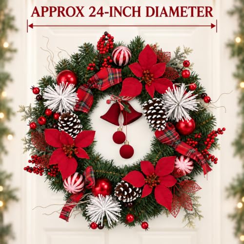 24 Inch Christmas Wreath with Poinsettias Pine Cones and Berries - Festive Holiday Decor