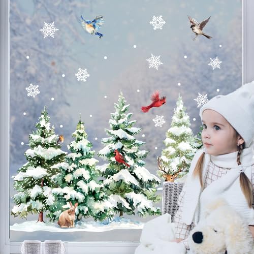 Winter Forest Animals Window Clings - Snowy Pine Trees & Birds Decor