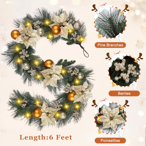 6ft Christmas Garland with Lights - Natural Pine Branches, Berries & Poinsettias - Style3